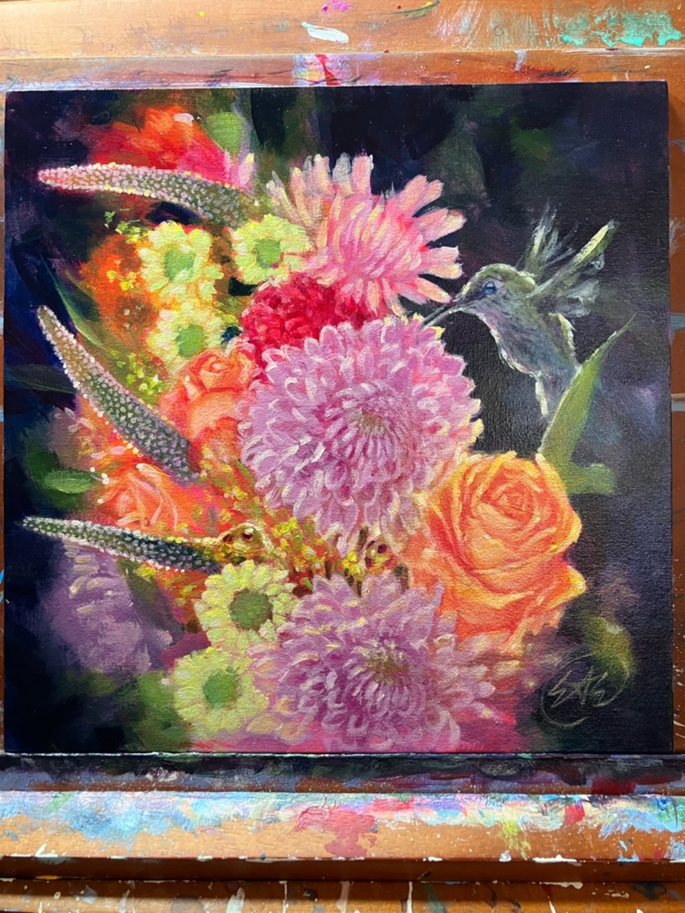 Hummingbird bouquet original painting bird art floral still life surrealism